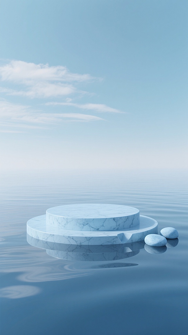 极简主义风格的3D渲染场景，柔和的淡蓝色渐变天空中漂浮着几缕薄云，画面下方是平静的水面，水面上有一个圆形的浅蓝色大理石材质展台，展台边缘有不规则的几何切割造型，展台旁边点缀着两块浅蓝色的光滑鹅卵石，整体色彩以清新的浅蓝色为主调，营造出宁静、简约、高级的氛围，光线柔和，阴影细腻，水面有轻微的波纹和展台的倒影，整体构图简洁大方，留白充足，具有极强的空间感和设计感。