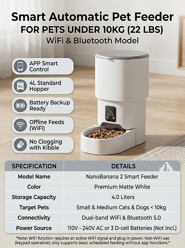 Reference the product information table layout from the second image, use the automatic pet feeder product from the first image, do not include any product from the second image, convert all Chinese text to English, design product parameter information detail page, ratio 3:4, keep the product strictly as in the original first image, do not change product shape, redesign the visual effect and do not retain the original image effect. Fill in the product information table with these parameters: Product Name: Smart Automatic Pet Feeder WiFi Bluetooth, Product Color: White, Product Capacity: 4L, Applicable Pets: Small & Medium Cats & Dogs Under 10kg, Connection: WiFi & Bluetooth APP Control, Power Supply: Plug-in / Battery Dual Use. Title is "Product Information", style for European and American cross-border e-commerce