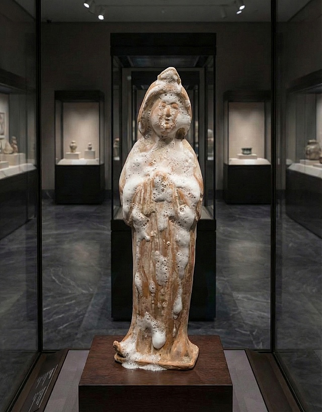 陶俑上沾满了洗面奶泡沫