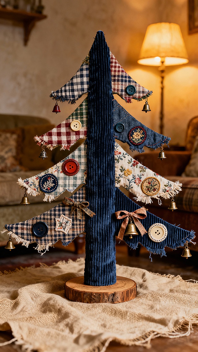 一棵复古布料圣诞树，树干是深蓝色灯芯绒，带有明显的竖条纹纹理，树枝由不同颜色的格子布和碎花布裁剪而成，呈现树枝形状，边缘有自然的毛边，树上装饰着刺绣徽章、各种颜色的纽扣、复古旧丝带和小巧的金属铃铛，底部是一个木质底座，上面铺着米色亚麻布，背景是复古客厅的角落，暖黄色的灯光照亮整个场景，整体色调低饱和度，布料质感柔软，带有轻微的褶皱，营造出怀旧温馨的氛围