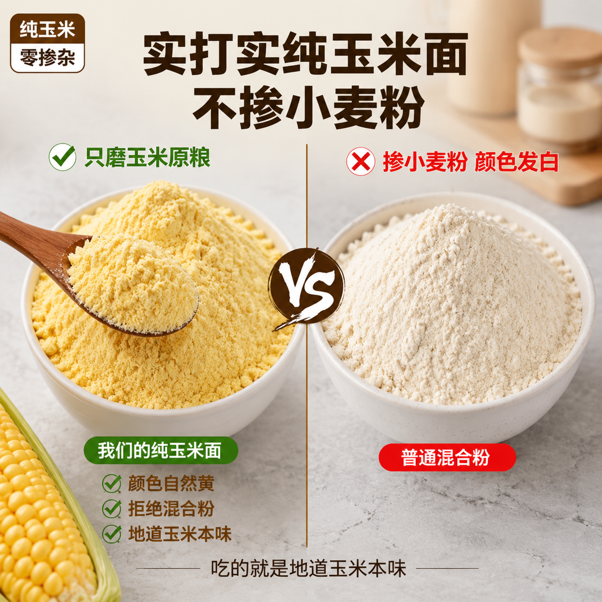 [主图-3] 纯玉米面不掺假 对比卖点图。 [氛围风格] 真实… - 图片创意预览