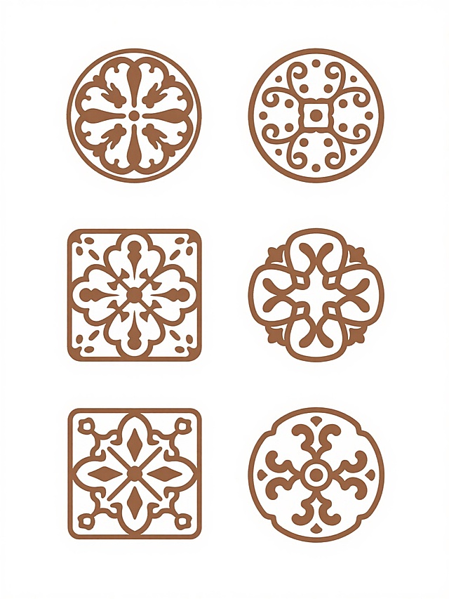 六个同系列矢量花纹图案，每个图案均为圆形或方形轮廓的对称式传统花纹，以单一棕色线条勾勒，白色填充，整体风格简约复古，排列成两行三列的规整布局，所有花纹造型、角度和细节装饰完全不同，均为独立原创设计，背景为纯白色，无任何文字、二维码或其他元素干扰，保持统一的配色方案和装饰性设计感。