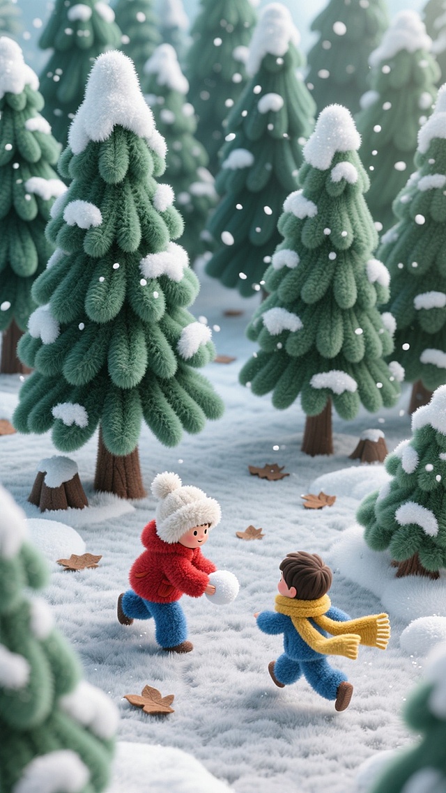 软3D粘土风雪林嬉戏，萌趣童真，梦幻温馨，冬日暖意盎然。