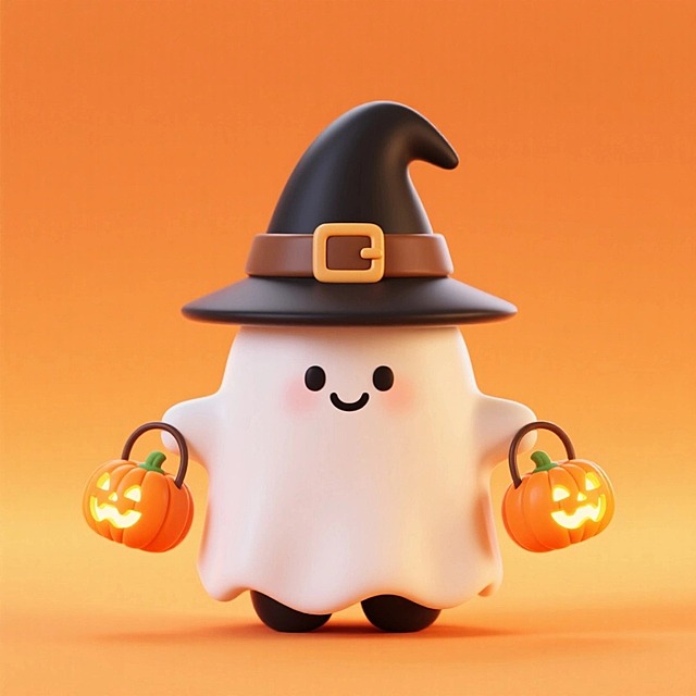一个萌系幽灵形象。它戴着黑色巫师帽（带有棕色腰带扣），面带微笑，双手分别提着发光的南瓜灯笼和南瓜灯。暖橙色渐变背景。