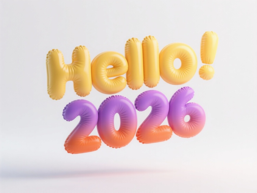 'Hello 2026' 立体字，悬浮在半空中，一个词一个色，色彩分别为黄、橙、紫，上下渐变效果，充气膨胀的布料质感，圆润造型，白色背景预览效果