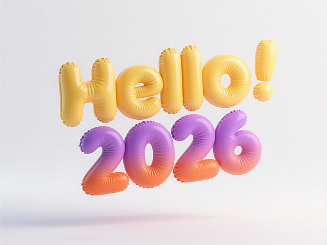 'Hello 2026' 立体字，悬浮在半空中，一个词一个色，色彩分别为黄、橙、紫，上下渐变效果，充气膨胀的布料质感，圆润造型，白色背景