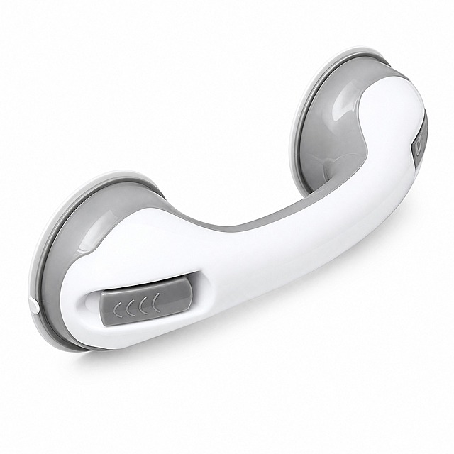[主图-1] Suction Cup Safety Grab Bar 家用安全扶手，亚马逊首图白底产品展示。
[统一基调] 纯白底 #FFFFFF 背景，无任何文字、水印、边框或装饰元素，产品完整居中，商业摄影质感，洁净明亮。
[画面] 家用安全扶手吸盘款主体完整展示，白灰配色，两端为灰色吸盘底座，中间白色弧形握杆，左侧底座下方有灰色卡扣开关。产品以45度斜角摆放，正面朝向观众，完整呈现整体造型、结构比例和材质质感。产品占画面85%以上，居中放置，底部有轻微自然接触阴影，无悬浮感。
[光影质感] 柔和均匀的棚拍主光，左右两侧补光，产品表面有自然高光过渡，塑料材质呈现细腻哑光与亮面结合的真实质感，吸盘边缘轮廓清晰，握杆曲面有自然明暗变化，阴影柔和不生硬。
[配色] 纯白背景，产品本身白灰配色，无其他色彩干扰。
[文字版式] 无任何文字、标签、Logo或图形元素，纯产品白底图。
[输出要求] 1:1正方形比例，产品清晰锐利，边缘干净无杂边，无变形、无模糊、无水印、无平台Logo，符合亚马逊首图白底规范。