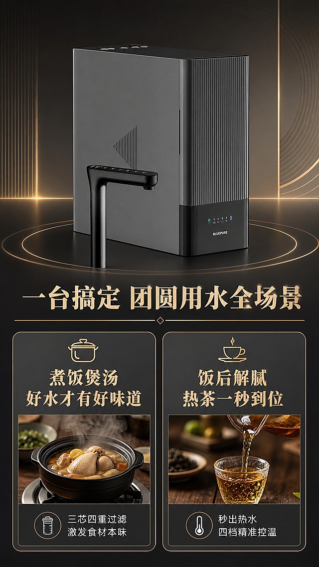 [商品] 使用【图1】蓝飘尔RC800 Plus净热一体机；保留产品结构、颜色、材质、Logo、龙头造型；产品居中偏上展示，角度为正面微侧。
[画面] 页面目标：核心卖点总览，展示煮饭煲汤+饭后解腻两大核心功能。构图：竖版9:16，上部产品大图占40%，中下部左右分两大功能模块卡片。前中后景：前景为产品主体，中景为左右两个功能卡片（左：煮饭煲汤场景缩略图，右：泡茶解腻场景缩略图），后景为深灰渐变背景配暖金线条装饰。阅读动线：顶部产品→中部两大功能标题→底部各功能简要卖点。
[视觉] 套系策略：风格=新中式轻奢科技商业摄影；标题字=宋体粗体带衬线；正文字=现代无衬线体；主色=深炭灰+暖金；背景延展=深炭灰渐变，暖金色几何线条和光晕；强调色=暖金色；标题色=暖金色；正文色=米白色；组件=圆角深灰功能卡片、细金线分割、小图标点缀；光影=正面柔光，产品有立体感。
[文字] 产品下方主标题"一台搞定 团圆用水全场景"；左卡片标题"煮饭煲汤 好水才有好味道"，配小汤锅图标，下方小字"三芯四重过滤 激发食材本味"；右卡片标题"饭后解腻 热茶一秒到位"，配小茶杯图标，下方小字"秒出热水 四档精准控温"。文字均横排，卡片内文字清晰可读。
[规格] 图片比例9:16竖版，4K，避免变形、错字、文字过小、产品颜色改变、结构失真。