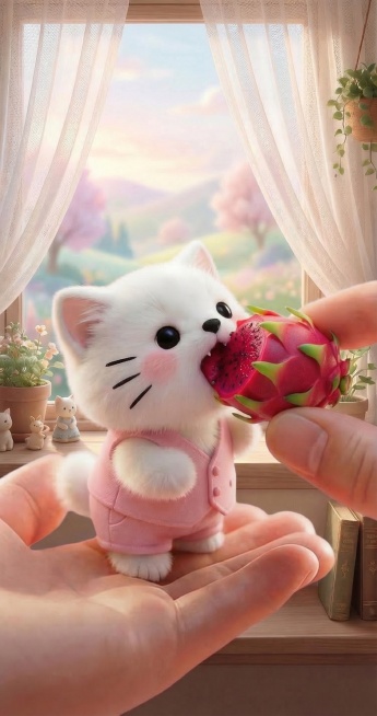 将手中的蛋糕替换成一颗迷你火龙果，猫咪、手部、窗台背景等其他内容保持不变，风格依旧温馨治愈预览效果