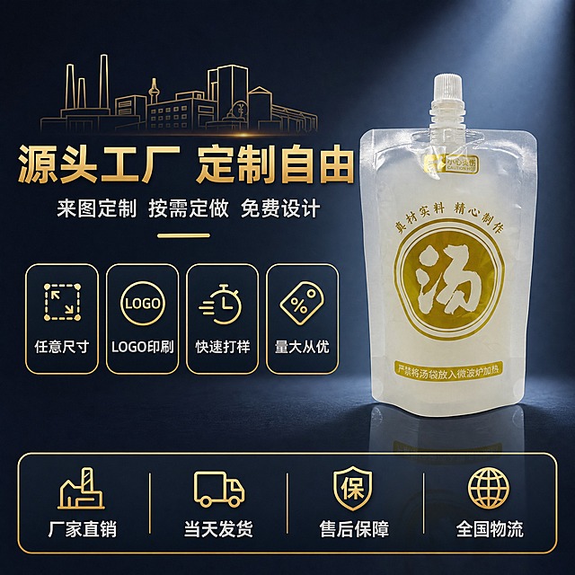 [主图-5] 食品级透明自立吸嘴袋 源头工厂定制能力与服务保障转化。
[统一基调] 整体风格洁净专业品质感，背景主色为深蓝灰渐变，标题字色为暖金色，辅助字色为浅灰色，强调色为亮金色，字体为现代无衬线粗体，字号层级分明，卡片采用圆角金色边框，图标简洁线性。
[画面] 产品位于画面右侧，占画面约45%，正面视角，保持产品原有形状、直径、透视、颜色和所有图案文字完全不变。左侧和底部展示工厂定制服务信息，上方有工厂车间简化示意图标，中间区域用图标加文字列出定制服务项目，底部是服务保障承诺。产品立在深色反光台面上，底部有清晰倒影和阴影，品质感强。
[光影质感] 商业摄影质感，聚光效果突出产品，金色图案在深色背景下格外醒目，产品透明材质有通透感，边缘有高光勾勒，整体高端专业。
[配色] 深蓝灰渐变背景，亮金色文字和图标，产品本身的金色与背景呼应，整体高端大气有信任感。
[文字版式] 顶部大标题"源头工厂 定制自由"，副标题"来图定制 按需定做 免费设计"。中间四列图标加短词：任意尺寸 LOGO印刷 快速打样 量大从优。底部服务保障栏：厂家直销 当天发货 售后保障 全国物流。文字层次分明，重点信息突出。
[输出要求] 比例1:1，文字清晰可读，产品清晰不变形，禁止产品变形、改变直径、改变形状、改变透视角度、重新绘制产品、新增或减少产品、改变产品颜色，禁止错字、模糊、杂乱、水印、平台Logo。