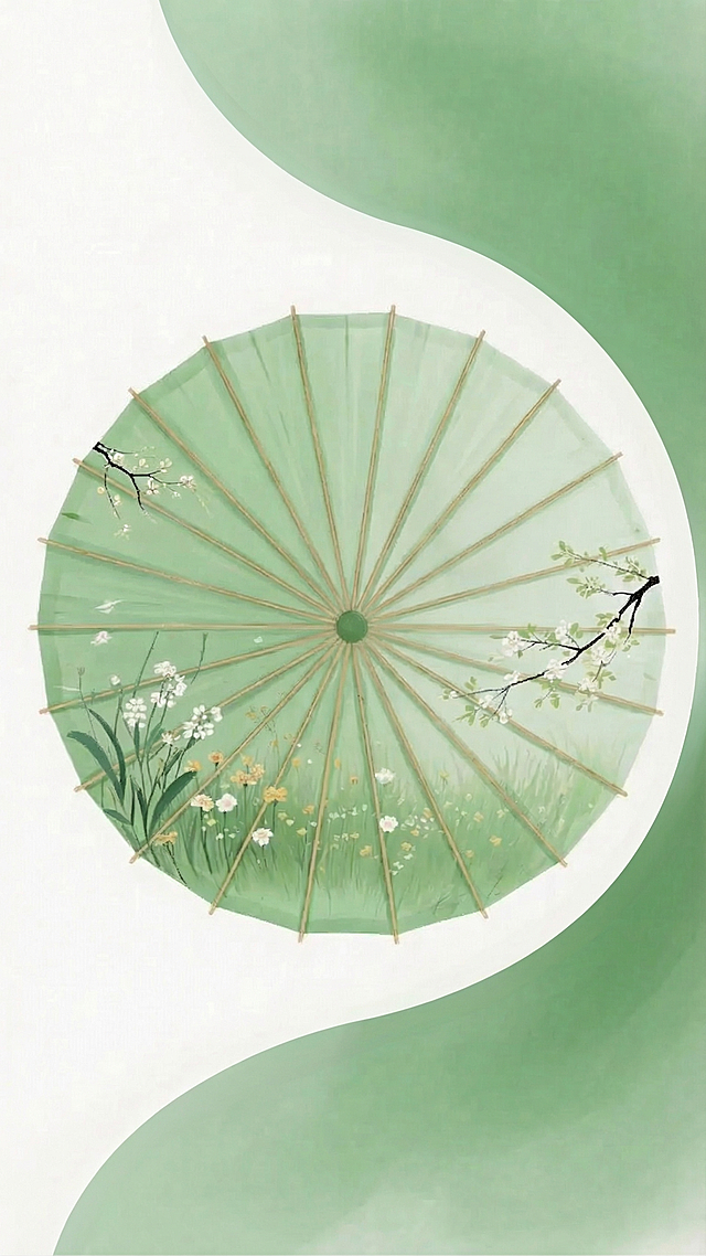 删除伞上的两只燕子，将白色背景的毛边边缘修改得更加光滑，保留主体绿色油纸伞插画、白色和绿色的底色、花朵树枝草丛元素，简约风格，1k分辨率