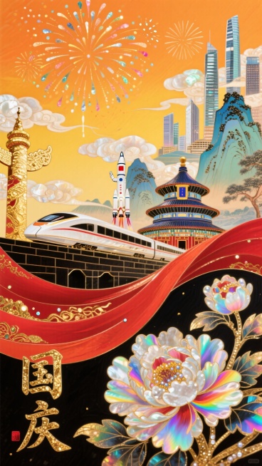 橙黄天幕缀烟花与云朵，国画风山水映现代城。天坛、高铁、宇航员火箭相映，带金纹光斑的红飘带蜿蜒其间。下方“国庆”金光大亮，暖橙、红、金铺就喜庆，牡丹绽放、金纹点缀，传统与现代交融，满溢热烈欢腾。预览效果