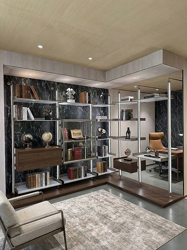 保留原图立柱结构和现代轻奢设计风格的隔断书架，将整体场景更换为现代书房空间，书架作为空间隔断使用，营造简洁安静的书房氛围