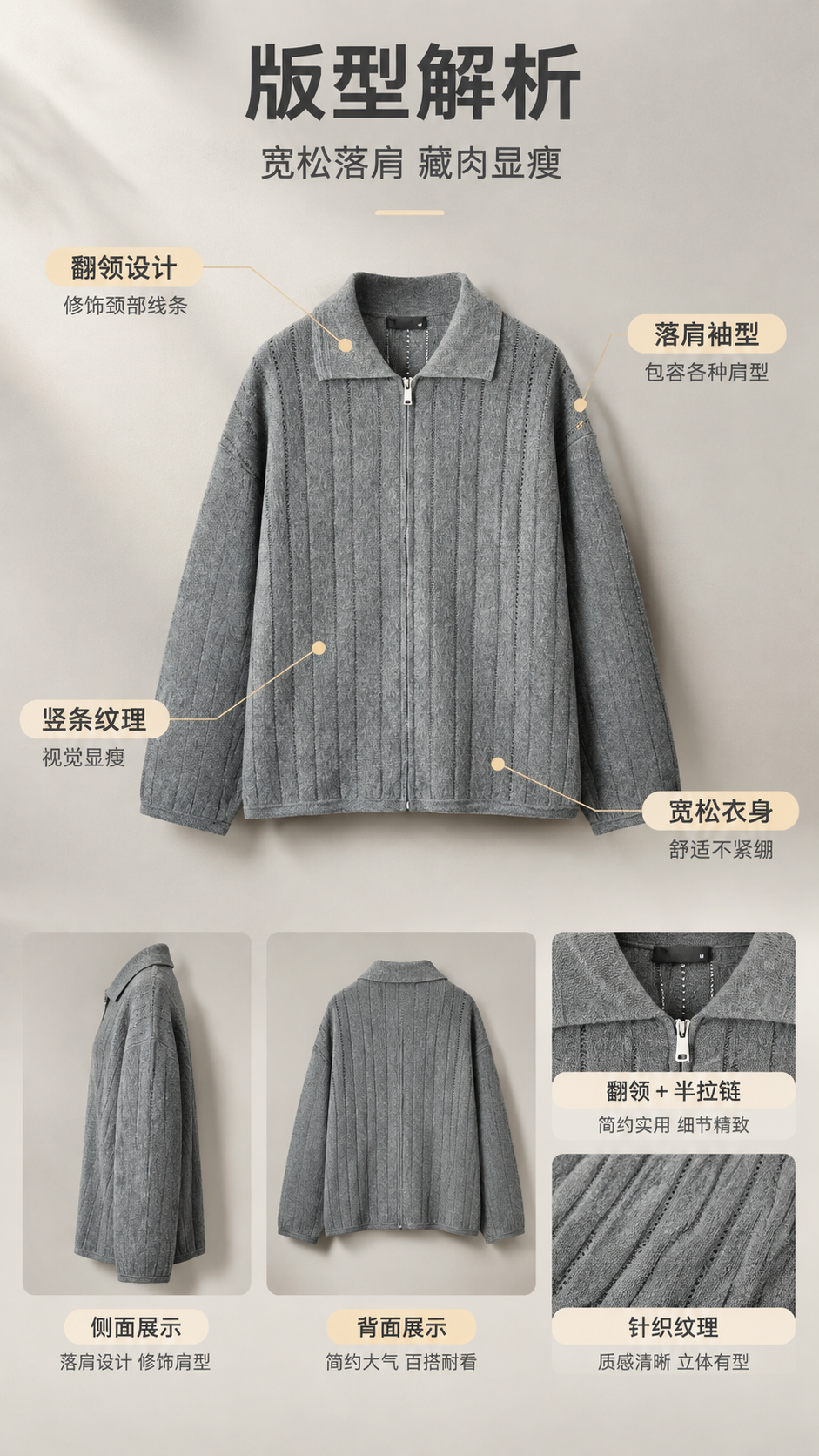 [商品] 使用【图1】灰色翻领拉链针织开衫；商品处理：保留翻领… - 图片创意预览