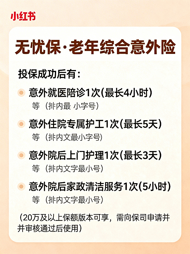 小红书风格保险服务介绍图文，整体风格和前两页保持一致，暖色调简洁设计。主标题文字"无忧保·老年综合意外险"用大号加粗字体。下方列出服务内容：1、"投保成功后有："中等字号，"意外就医陪诊1次(最长4小时)"中等字号，括号最小字号；"意外住院专属护工1次(最长5天)"中等字号，括号最小字号；"意外院后上门护理1次(最长3天)"中等字号，括号最小字号；"意外院后家政清洁服务1次(5小时)"中等字号，括号最小字号；最后一行括号文字"(20万及以上保额版本可享,需向保司申请并审核通过后使用)"全部最小字号。文字清晰，大小区分明显，干净整洁图文排版，符合小红书图文风格。
