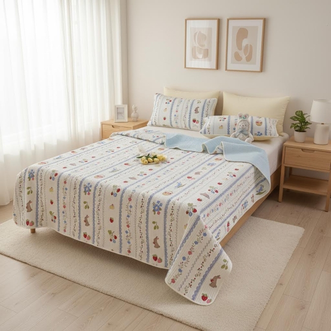 不改变床品所有细节 为图中床品生成现代温馨奶油风卧室场景预览效果