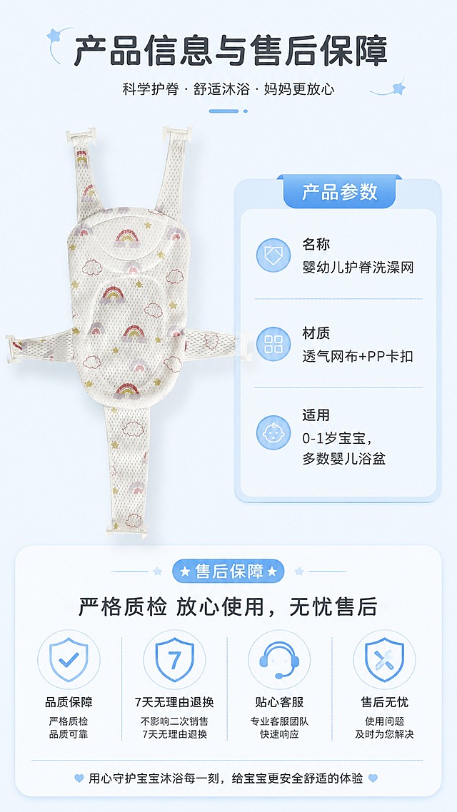 [第8屏] 规格参数与售后保障-婴幼儿护脊洗澡网。[氛围/风格] 清晰参数展示，安心可靠风格。[元素布局] 左上放置产品全貌图，使用【图2】展示产品，右侧为参数信息卡，底部为售后保障说明，整体排版工整。[光影质感] 均匀明亮光照，信息清晰易读。[配色色系] 全局底色 #f2f9ff，浅蓝色信息卡，深灰色文字。[视角构图] 左产品右信息，上下分块构图，阅读从上到下。[文字版式] 顶部主标题「产品信息与售后保障」，参数列表清晰列出：名称「婴幼儿护脊洗澡网」，材质「透气网布+PP卡扣」，适用「0-1岁宝宝，多数婴儿浴盆」，底部售后说明「严格质检 放心使用，无忧售后」，文字排版工整，清晰可读。[比例分辨率] 9:16竖版比例，4K分辨率，文字清晰可辨，高清画质。[负向提示词] 参数错误，文字错乱，产品变形，虚假承诺。