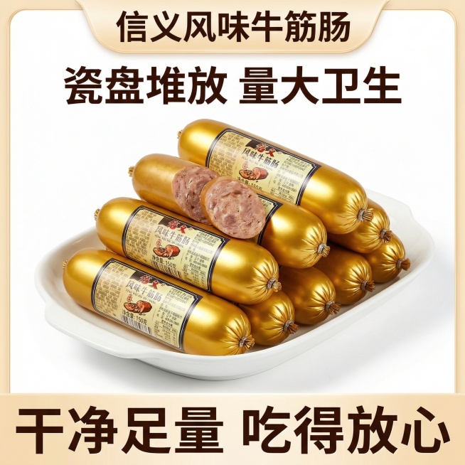 我的产品是牛筋肠，帮我做10张主图产品堆积起来突出产品多预览效果