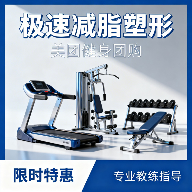 美团健身团购主图，方形1:1，极速减脂塑形主题，健身房器械场景，现代简约风格，清晰文字，商业宣传预览效果