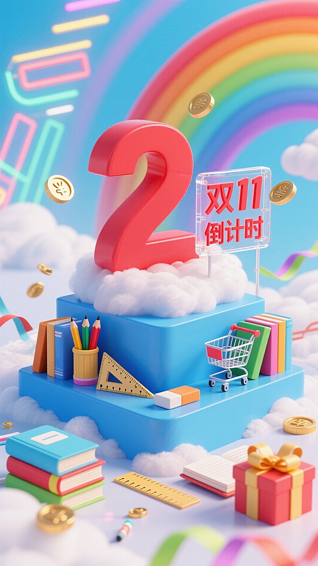 云朵上蓝色双层展台，上面有巨大的红色数字 “2”，搭配透明小牌子上红色小字“双11倒计时”；展台搭配书本、铅笔、笔筒、尺子、橡皮、练习本、购物车、礼盒，点缀金币、彩带、霓虹灯条，背景为彩虹