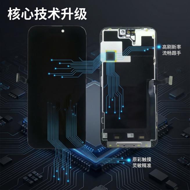 [主图 2 核心卖点] 主图主题：苹果14pro max屏幕核心卖点展示，氛围风格：数码科技风，专业参数风。画面元素：产品主体为苹果14promax屏幕总成居中放置，产品外观必须和原图100%一致，用预览效果