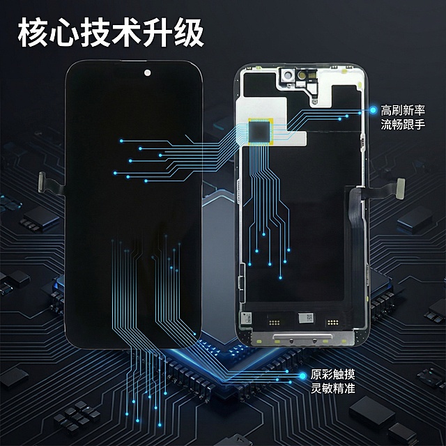 [主图 2 核心卖点] 主图主题：苹果14pro max屏幕核心卖点展示，氛围风格：数码科技风，专业参数风。画面元素：产品主体为苹果14promax屏幕总成居中放置，产品外观必须和原图100%一致，用极细蓝色科技引线分别连接屏幕触控区域和高刷芯片区域，引线末端带蓝色光点标注卖点。背景为深色渐变科技纹理背景。配色色系：主色调深灰黑，辅助色蓝色光点。视角构图：平视，景深效果。文字版式：引线旁分别标注文案 "高刷新率 流畅跟手" "原彩触摸 灵敏精准"，左上角主标题 "核心技术升级" 粗体白色无衬线，文字不遮挡产品主体，排版层次清晰。比例分辨率：2k分辨率，产品外观和原图一致