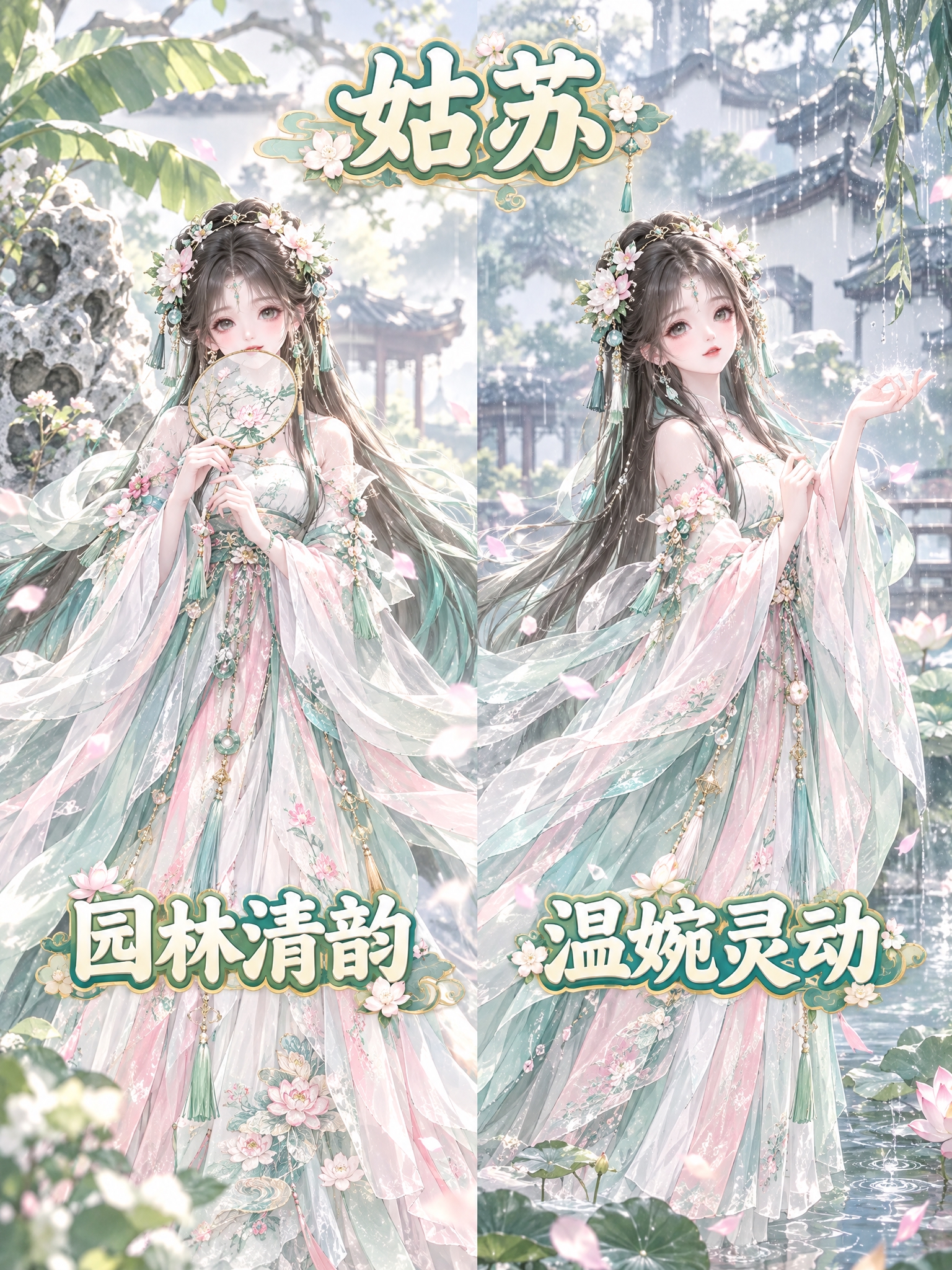 参考图的画风和左右分屏构图，角色替换为姑苏园林仙子。顶部大标题… - 图片创意预览