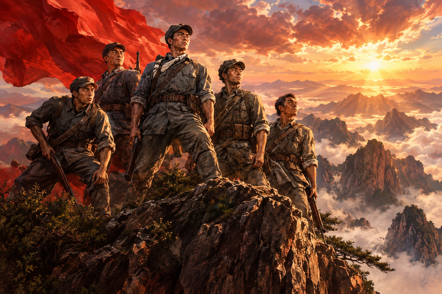 狼牙山五壮士英雄插画，五位八路军战士站在狼牙山顶峰悬崖边，身着… - 图片创意预览
