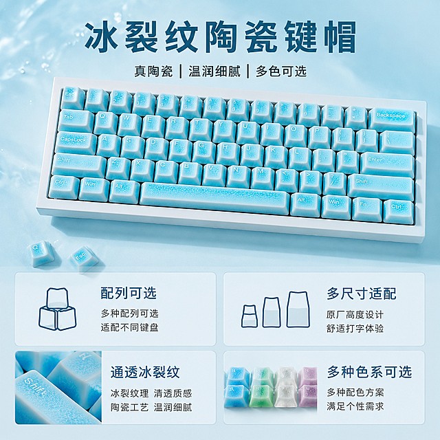 重新生成冰裂纹陶瓷键帽规格信息收口主图，严格保留用户原图产品的冰裂纹纹路和陶瓷通透质感，不能改变原有纹理和质感，键盘放置画面偏上位置，下方四宫格展示配列可选、多尺寸适配、通透冰裂纹、多种色系可选四个核心信息，背景低饱和淡青蓝色，信息清晰排版整齐，1:1比例，严格保留原始产品纹理质感