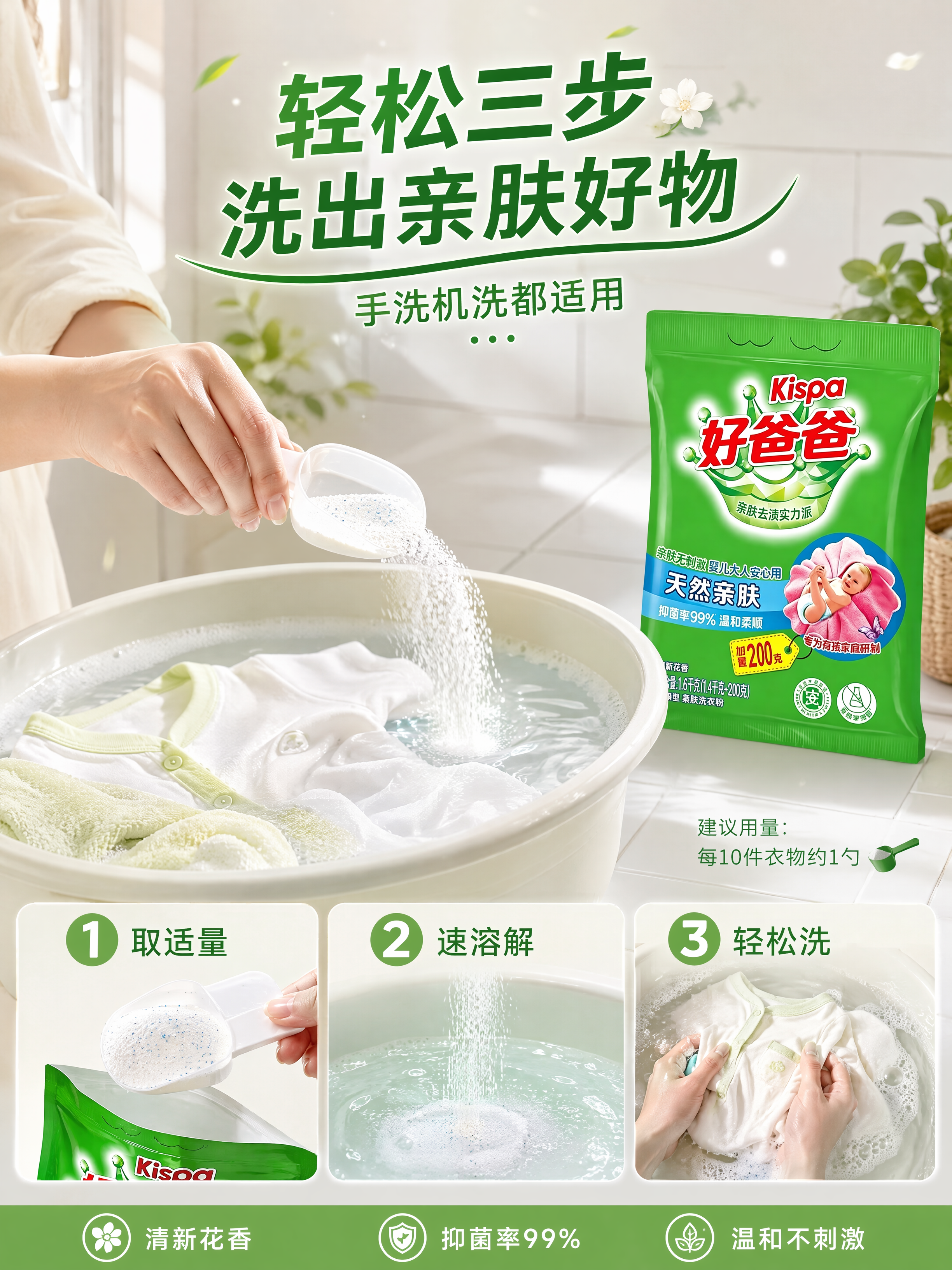 [第3张] 详情页使用演示页-好爸爸天然亲肤洗衣粉手洗机洗步骤… - 图片创意预览