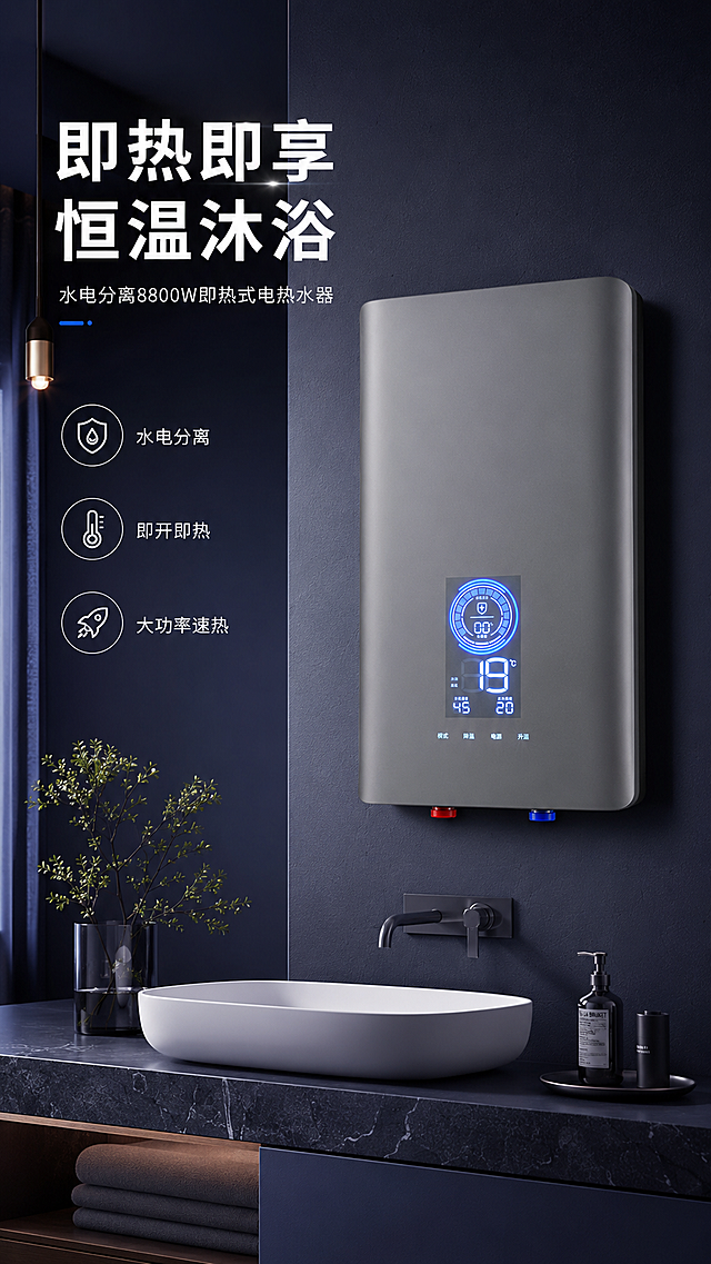 [第1屏] 详情页首屏头图-灰色即热式电热水器浴室场景宣传海报。
[氛围/风格] 现代简约科技风，高级深色浴室场景，商业摄影质感，画面简约高级。参考图2的深蓝暗调氛围，保持相似度约70%。
[元素布局] 即热式电热水器挂在现代浴室墙面，占据画面右侧中上部区域，保留产品枪灰色哑光机身、蓝色LED数字显示屏、底部红蓝进出水口的物理结构、材质质感、颜色与输入产品图一致。浴室背景包含岩板书台、白色洗手盆、现代简约吊灯、小型绿植，至少3种环境元素，整体无边框满铺。
[光影质感] 顶部柔和主光照亮产品机身，产品蓝色显示屏发光点缀，浴室整体明暗层次分明，产品边缘清晰真实，突出科技质感。
[配色色系] 全局统一底色：#2C323E（深蓝灰）；主体配色：#A8A8A8（产品枪灰色）+ #409EFF（屏幕蓝光）；辅助色：#FFFFFF（白色文字）+ #E0E0E0（浅灰装饰）。
[视角构图] 平视视角，产品位于画面右侧中上部，左侧区域留给标题和卖点排版，构图遵循左文右图，产品主体占比约65%。
[文字版式] 左上角主标题「即热即享 恒温沐浴」白色加粗大字，左对齐；副标题「水电分离8800W即热式电热水器」白色小号字，主标题下方；主标题下方放置三个卖点竖向排列：「水电分离」「即开即热」「大功率速热」，每个卖点配小图标，左下角。整体文字不遮挡产品主体，排版清晰层级分明，移动端可读。
[比例分辨率] 9:16竖版比例，2K分辨率，文字清晰可辨，超高清。
[负向提示词] 产品变形，显示屏错乱，颜色偏差，水印，文字错乱，产品图模糊，背景杂乱