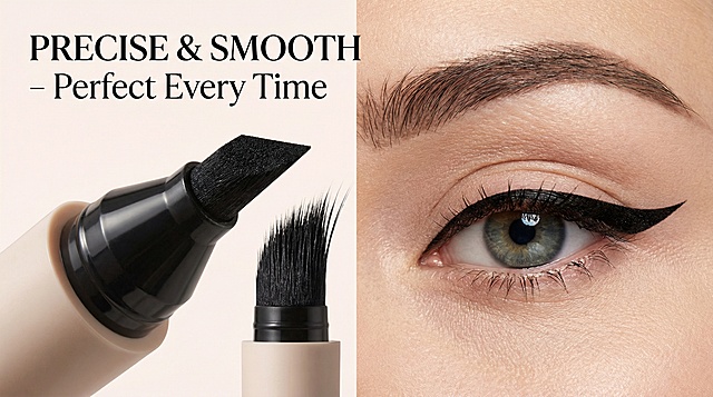 以图中的防水眼线印章为元素,欧美女人在化妆,设计6张跟防水眼线印章有关的图,物体主体特征不变,英语,比例 「16:9」