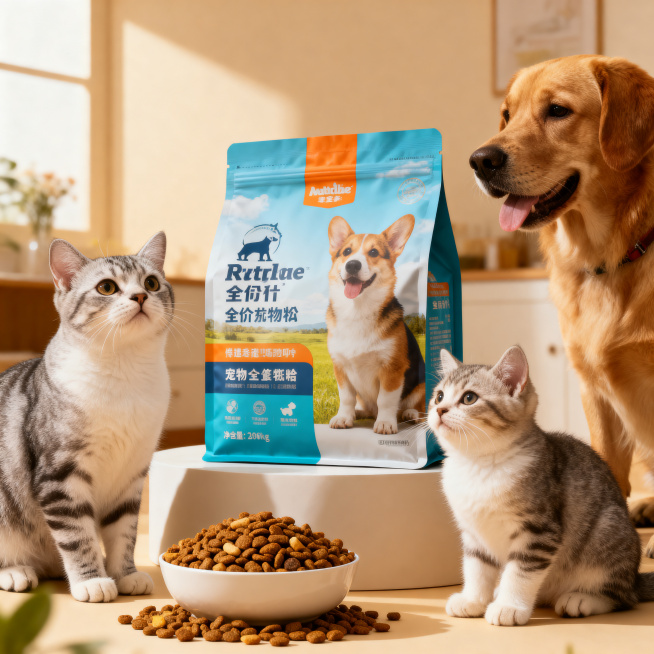 宠物猫狗粮商品展示，袋装设计，画面有可爱猫咪和狗狗围绕，暖调光线，电商主图风格，高清质感预览效果
