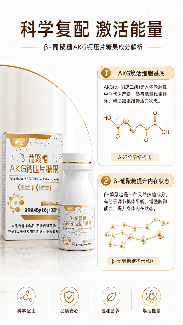[第2屏] 核心成分专屏-β-葡聚糖AKG钙压片糖果成分解析。本屏左侧放产品图，右侧展示成分信息。本屏使用【图1】作为商品主体。
[氛围/风格] 科学简约风，浅白底搭配浅金点缀，专业健康视觉质感。
[元素布局] 左侧放置完整产品包装盒和瓶身，占比约40%；右侧主区域展示AKG和β-葡聚糖两种成分的文字介绍与简约分子示意图，分子结构示意图占右侧区域50%以上；整体左右分栏，产品包装保持与输入图一致。
[光影质感] 均匀柔光照明，画面干净通透，分子结构轮廓清晰锐利。
[配色色系] 全局底色 #FFFFFF，主色浅金分子结构，辅助色深棕文字，点缀浅灰底纹。
[视角构图] 左右分栏排版，信息阅读从上到下清晰流畅。
[文字版式] 顶部通栏主标题「科学复配 激活能量」，右侧分两点说明「AKG焕活细胞基底」「β-葡聚糖提升内在状态」，每个卖点配圆角浅金底块，文字清晰不拥挤，字体沿用圆角深棕色字。
[比例分辨率] 9:16竖版比例，4K分辨率，文字清晰可辨，高清画质。
[负向提示词] 产品变形，文字错乱，文字过小，颜色偏差，背景杂乱，虚构功效，极限词，医疗化宣传。
