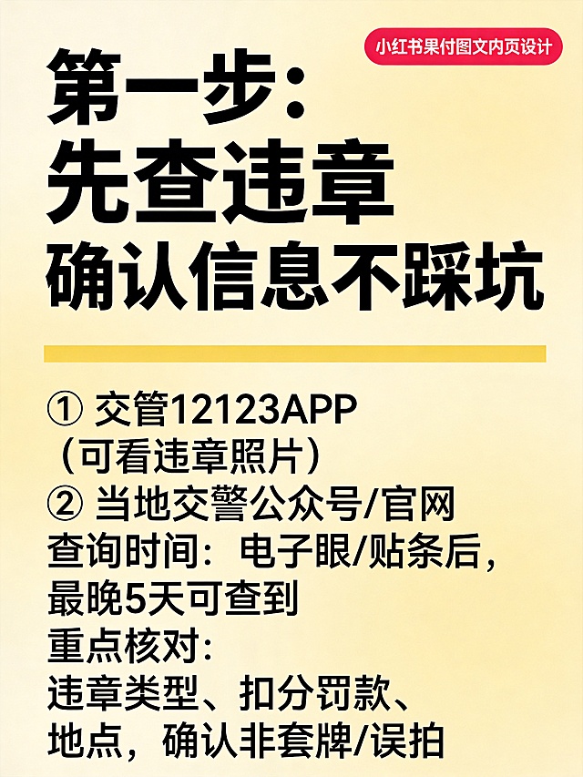 小红书干货图文内页，清晰干净的笔记排版，淡黄色背景搭配黑色文字，标题大字加粗，标题"第一步：先查违章 确认信息不踩坑"，分点列出查询渠道① 交管12123APP（可看违章照片）；② 当地交警公众号/官网，查询时间：电子眼/贴条后，最晚5天可查到，重点核对：违章类型、扣分罚款、地点，确认非套牌/误拍，整体清晰易读，适合手机阅读