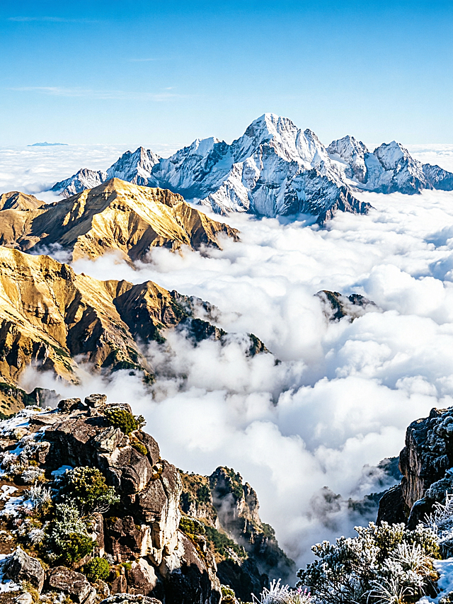 金山银山，壮丽的金色与银色山脉交相辉映，阳光洒在山峦上金光闪闪，银装素裹的山峰巍峨耸立，云海缭绕山间，气势磅礴的自然风光，高清细节，震撼视觉效果
