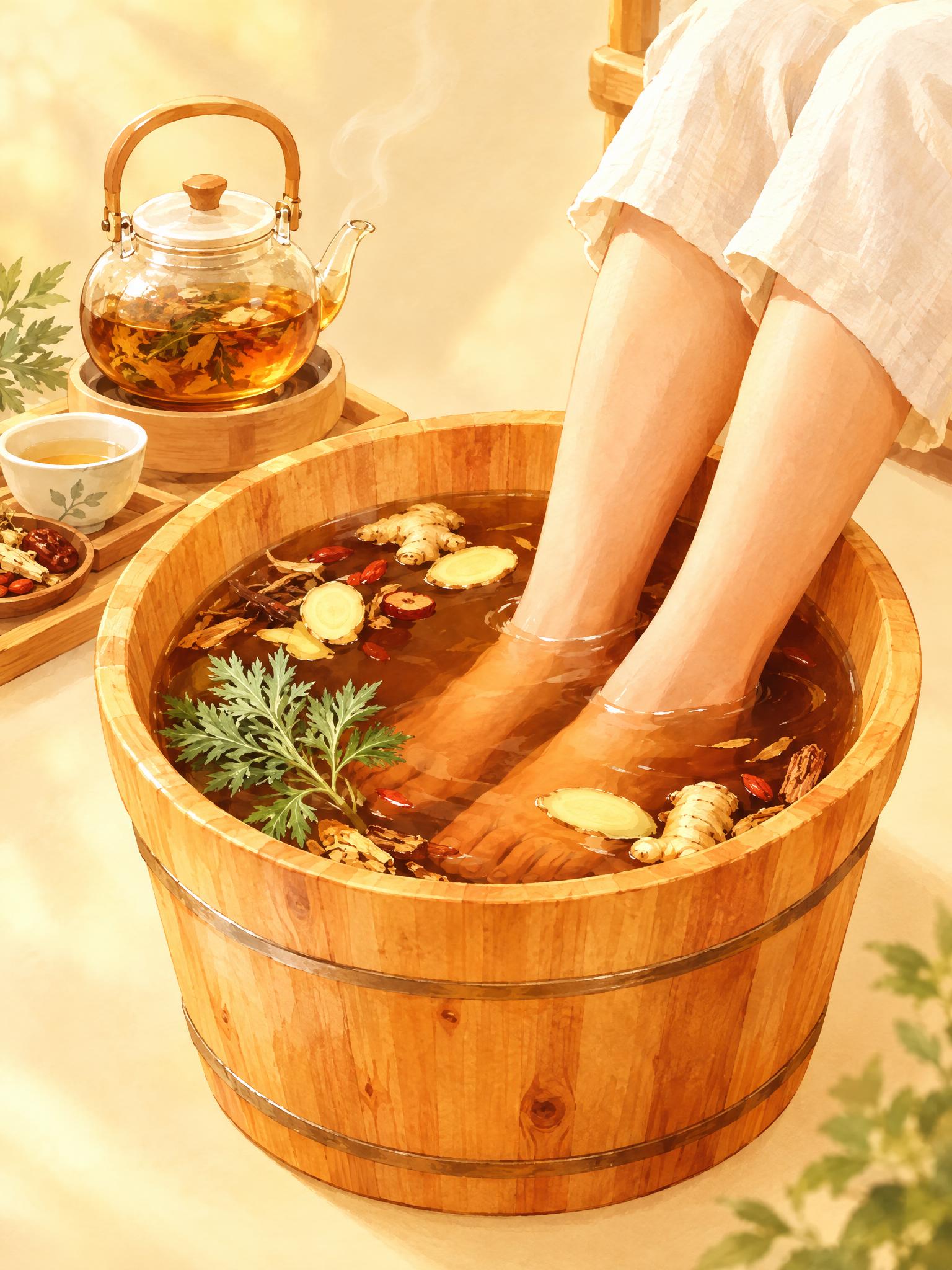 暖光疗愈插画风，中医科普宣传壁画风格。画面为中药泡脚养生场景，… - 图片创意预览