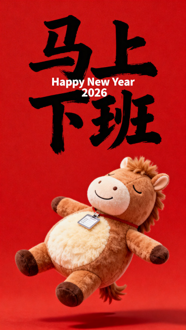 Q版软萌圆滚滚的浅棕褐配色的拟人毛绒小马公仔（腹部是浅米色毛绒，小豆豆眼微笑，鬃毛为浅棕短绒质感），向后仰漂浮滑翔、张开四肢舒展身体、闭眼松弛躺平、脖子挂着飘浮的工牌；红色背景；小马公仔位于画面中下部预览效果