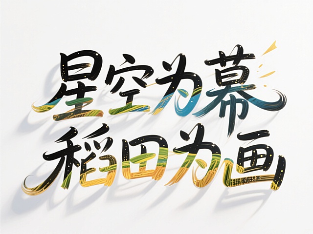 梦幻感与唯美感交织，水墨风与液态风融合，大字风字体融入稻田与星空元素，光影感十足，展现国潮风的文艺意境。