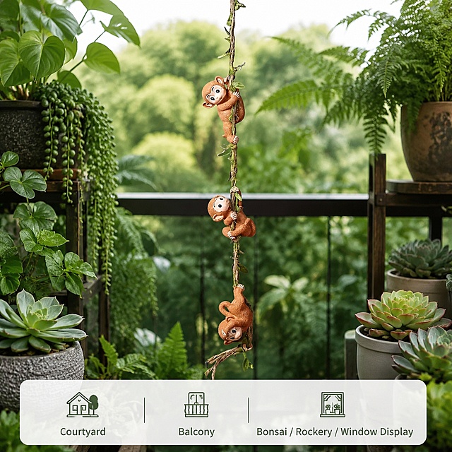 [Main Image 4] Climbing monkey ornament hanging on balcony succulent plant flower stand, show the application effect in rainforest style balcony garden. Natural daylight, fresh green plant background, product harmoniously integrated into the scene. Keep product appearance 100% consistent with original image. Use three English icons with text to list compatible scenarios: "Courtyard / Balcony / Bonsai / Rockery / Window Display" arranged in the bottom, clean layout. 1:1 square, commercial lifestyle photography, super high definition. Negative prompt: distortion, text disorder, blurry product, messy background, watermark, platform logo