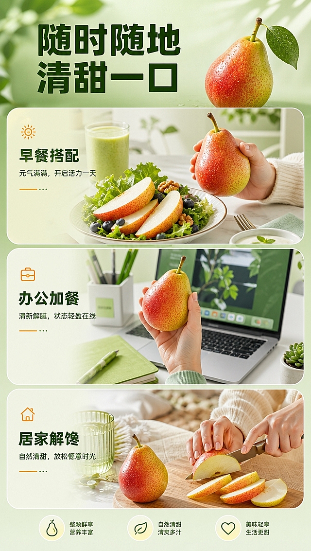 [商品] 使用【图2】整颗红啤梨，保留梨外形、红黄渐变果皮、斑点纹理；商品处理：增强新鲜度和光泽，不改变外形比例。
[画面] 目标：食用场景种草，居家/办公/早餐多场景。构图：竖拼多段型，2-3段场景竖拼，每段展示一个食用场景（早餐搭配、办公加餐、居家休闲），每段都有梨出现+手部拿梨/切梨动作；背景每段不同但统一绿色系，≥3种场景元素。
[视觉] 套系策略：风格=清新自然生鲜商业摄影+卡片式排版；标题字=阿里妈妈方圆体 VF BOLD 粗体；正文字=阿里妈妈方圆体 VF REGULAR 常规体；主色=清新果绿（浅绿到中绿渐变）；背景延展=基于果绿做深浅层级，每段场景用不同深浅绿区分但统一调性；强调色=梨黄/暖橙，仅用于场景标签和小图标；标题色=深墨绿；正文色=中墨绿；组件=圆角场景卡片、细线分隔、场景标签；光影=每段自然柔光，整体统一。
[文字] 顶部主标题「随时随地 清甜一口」（8字），每段场景配小标题：「早餐搭配」「办公加餐」「居家解馋」，每个小标题下1行短句说明，全部横向排版，文字在卡片内留白区。
[规格] 图片比例9:16竖版，4K分辨率，避免变形、错字、文字过小、冷蓝灰主背景、梨颜色改变、结构失真、绝对化用语。