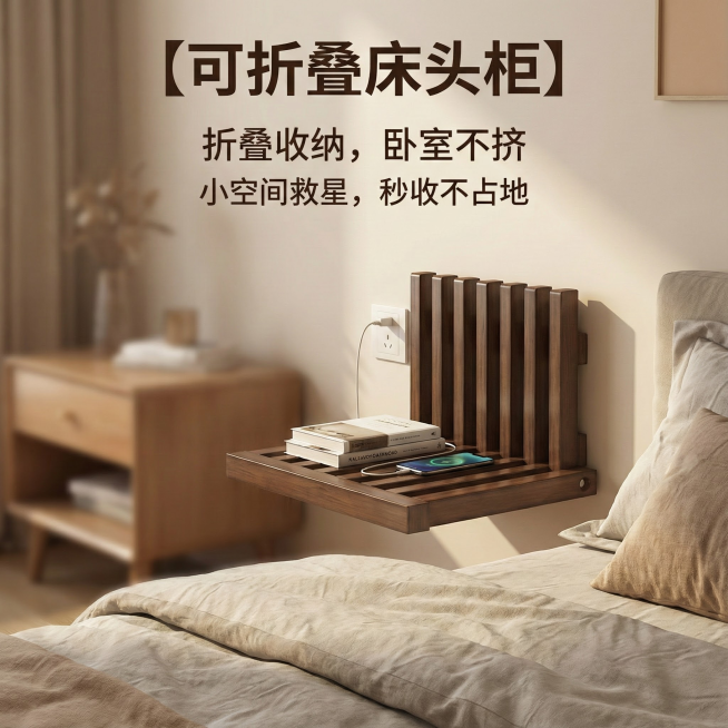 这是一款折叠床头柜，换个背景，要在室内，在床边，温馨一点，简约一点，把背景虚化，在床头柜上放上书，床头柜上方墙上有个插座，手机正在充电，在图中添加【可折叠床头柜】【折叠收纳，卧室不挤】【小空间救星，秒预览效果