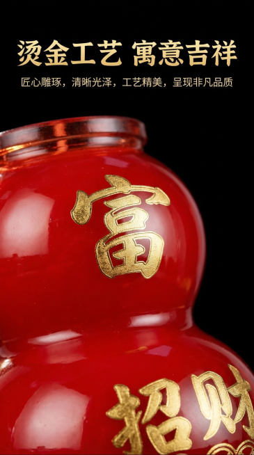 电商详情页第十二页，细节展示，放大展示瓶身烫金文字细节，突出烫金清晰光泽度好，工艺精美，纯黑色背景，文字内容：“烫金工艺 寓意吉祥”金色大字标题，白色小字说明，不出现违规宗教相关内容预览效果