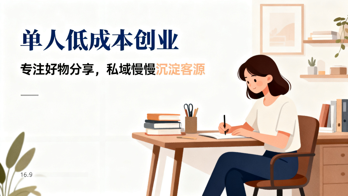 16:9比例海报，主标题"单人低成本创业"，副标题"专注好物分享，私域慢慢沉淀客源"，主副标题分明，使用宋体主标题，黑体副标题，主标题深蓝色，副标题浅橙色，简约商务扁平风，背景是温馨居家办公场景，搭配预览效果