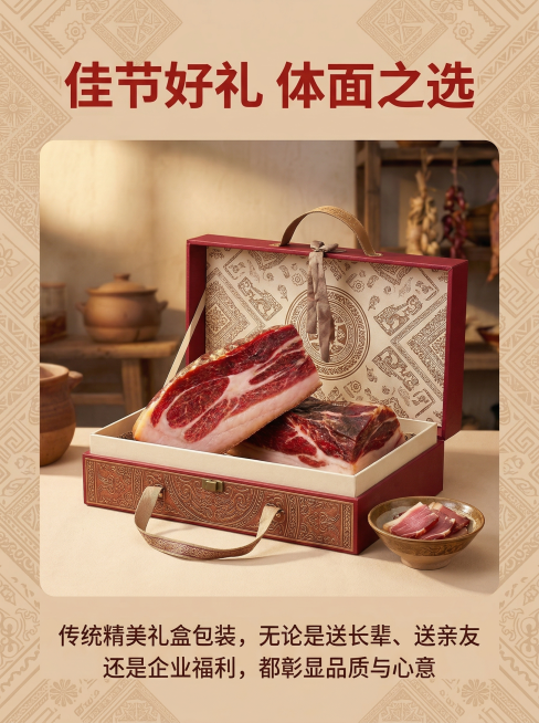 云南宣威特色风格详情页，浅棕色民族纹样底，展示精美礼盒装宣威火腿实拍图，包装带有云南民族纹样，上方加粗正红标题"佳节好礼 体面之选"，下方小字说明"传统精美礼盒包装，无论是送长辈、送亲友，还是企业福利预览效果
