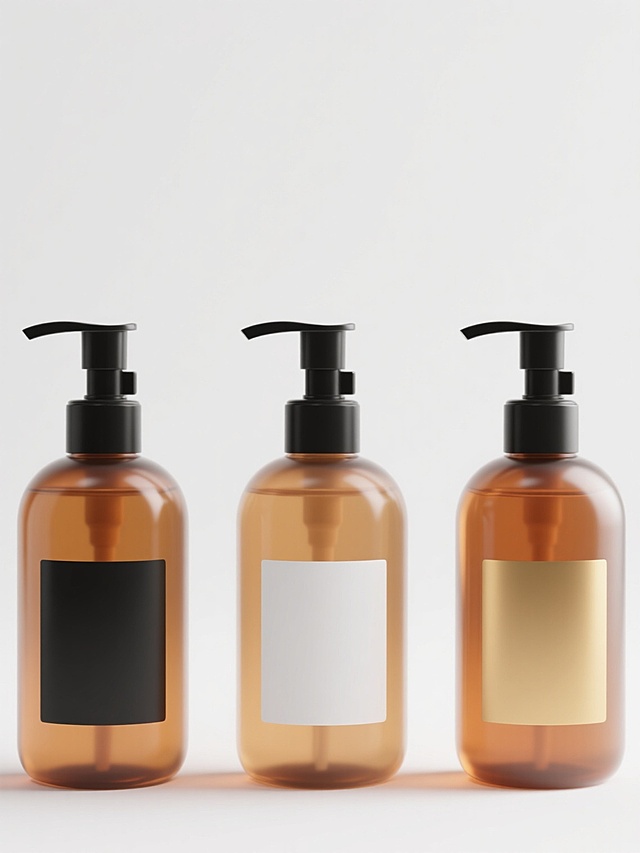 三瓶不同样式外观的沐浴露，琥珀色透明PET材质瓶身，搭配黑色按压泵头，瓶身分别贴有黑色、白色、金色三种纯色标签，无文字和图案，三瓶呈直线等距排列，白色纯色背景，3D渲染，超写实质感，光滑瓶身表面，清晰的光影过渡，柔和高光，底部轻微阴影增加立体感，极简主义风格，画面干净整洁，信息传达直接，适合产品展示。