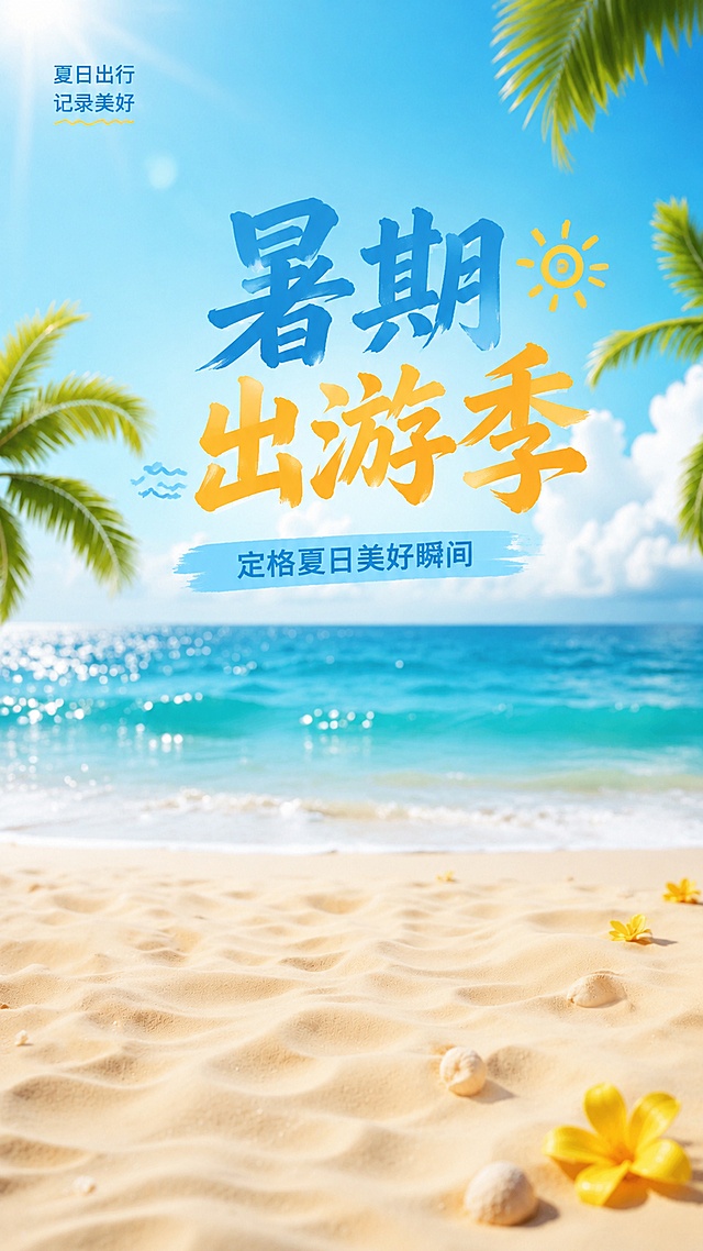 写实商业摄影风格 夏日海滨度假海报，背景为清澈蓝色大海和沙滩，棕榈树叶装饰在画面两侧，前景为细腻金色沙滩，点缀小黄花，整体氛围清新明亮。海报主标题文字为"暑期出游季"，副标题文字为"定格夏日美好瞬间"，装饰文字"夏日出行 · 记录美好"放在画面角落，文字清晰可读，版式精美，整体层次分明，留白舒适，符合夏日出游主题。