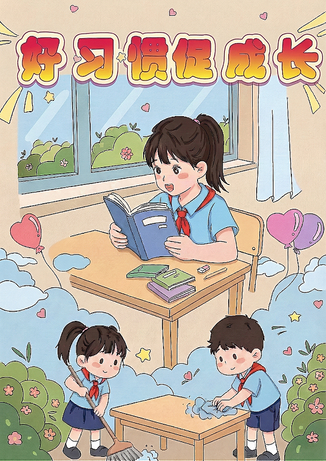 将顶部的"好习惯促成长"字体颜色改为正红色到亮黄色的渐变，保留原有描边，其余画面内容保持不变