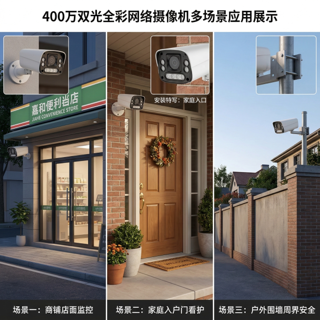 400万双光全彩网络摄像机场景图，采用三屏拼接形式，分别展示三个适用场景：左侧是商铺店面门口安装摄像机监控的实景，中间是家庭入户门旁安装摄像机的居家场景，右侧是户外围墙安装摄像机的室外场景，每个场景角预览效果
