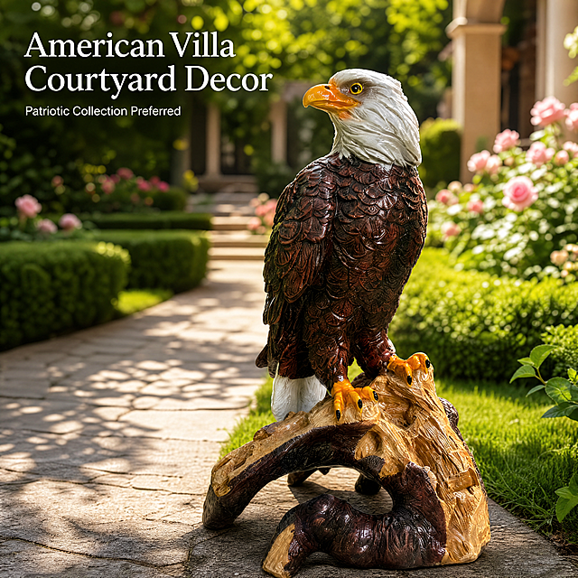 [Main Image-3] American Villa Courtyard Scene Display. [Atmosphere Style] Elegant American country garden atmosphere; [Quality] Commercial photography texture, soft and transparent light, clear and realistic product, clean and advanced picture. [Elements] Keep the appearance (physical structure, material texture, color) of the Bald Eagle sculpture absolutely consistent with the input product image, eliminate any deformation and color difference, fine processing. The sculpture is placed on the edge of the garden path in the villa courtyard, surrounded by natural green grass and roses, the path extends into the distance, reflecting the real placement effect. The product subject accounts for about 60% of the picture, the picture is full screen without border. [Light and Shadow] Natural sunlight in the afternoon, soft and layered light, shadow of leaves falling on the product, natural atmosphere. [Color Matching] Main color natural green of the garden, pink flowers foil; product color consistent with the original. [Perspective Composition] Head-up perspective, the product is in the middle of the foreground, the garden scenery in the background is blurred, creating a sense of space. [Text Layout] English text in the upper left corner, left-aligned, large text "American Villa Courtyard Decor", small text "Patriotic Collection Preferred", the text does not cover the product, clear and readable. [Proportional Resolution] 1:1 proportion, 4K resolution; super high definition. [Negative Prompt] Deformation, watermark, text clutter, blurred product image, messy background.